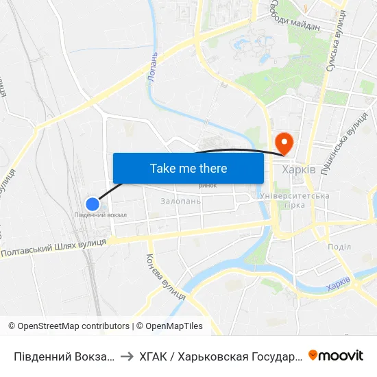 Південний Вокзал (Pivdennyi Vokzal) to ХГАК / Харьковская Государственная Академия Культуры map