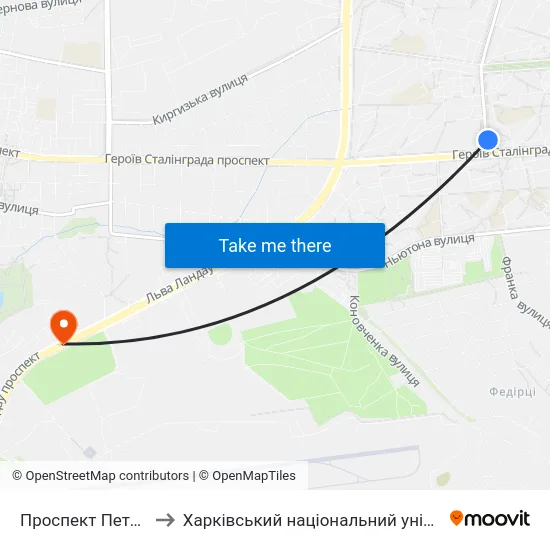 Проспект Петра Григоренка to Харківський національний університет внутрішніх справ map