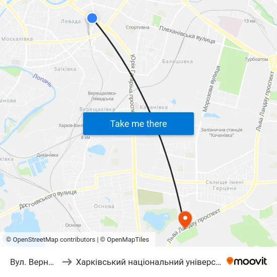 Вул. Вернадського to Харківський національний університет внутрішніх справ map