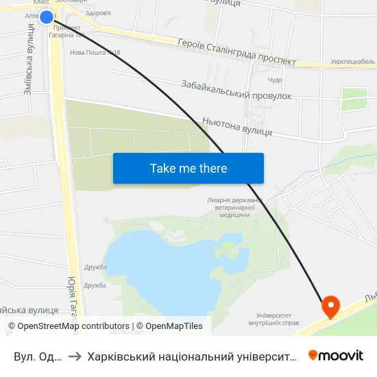 Вул. Одеська to Харківський національний університет внутрішніх справ map