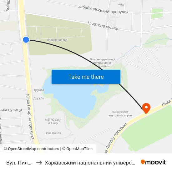 Вул. Пильчикова to Харківський національний університет внутрішніх справ map