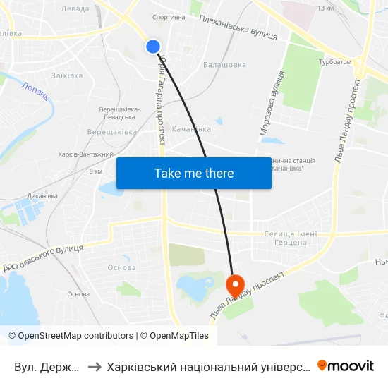 Вул. Державінська to Харківський національний університет внутрішніх справ map