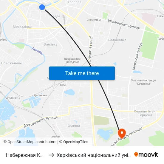 Набережная Красношкольная to Харківський національний університет внутрішніх справ map