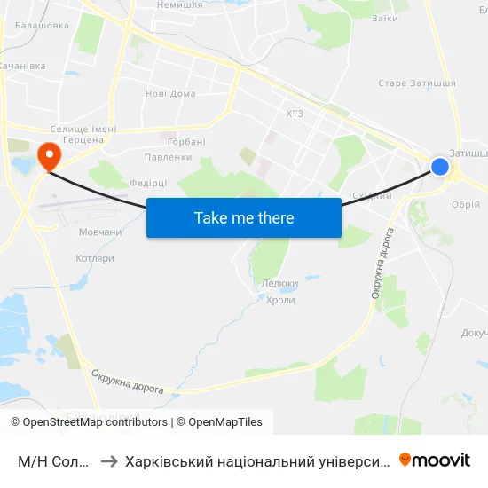 М/Н Солнечный to Харківський національний університет внутрішніх справ map