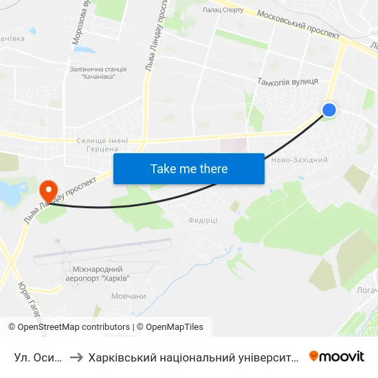 Ул. Осипенко to Харківський національний університет внутрішніх справ map