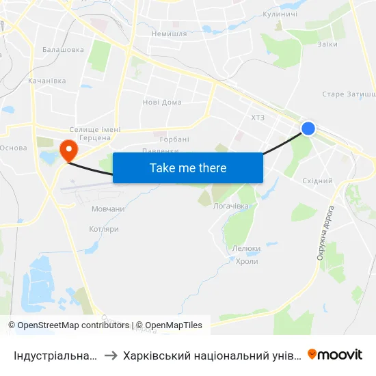 Індустріальна (Industrialna) to Харківський національний університет внутрішніх справ map