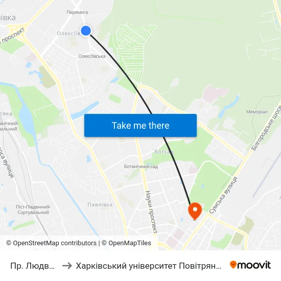 Пр. Людвига Свободы to Харківський університет Повітряних Сил імені Івана Кожедуба (ХУПС) map
