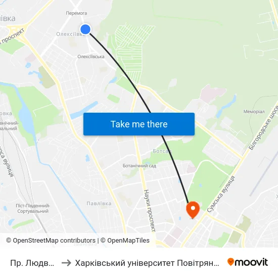 Пр. Людвига Свободы to Харківський університет Повітряних Сил імені Івана Кожедуба (ХУПС) map