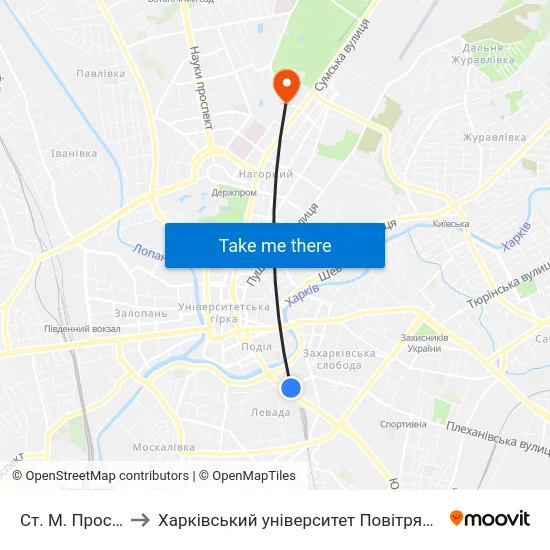 Ст. М. Проспект Гагарина to Харківський університет Повітряних Сил імені Івана Кожедуба (ХУПС) map