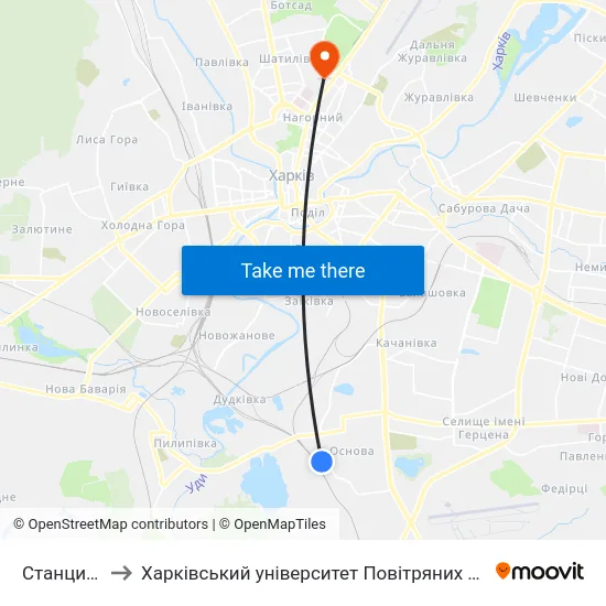 Станция Основа to Харківський університет Повітряних Сил імені Івана Кожедуба (ХУПС) map