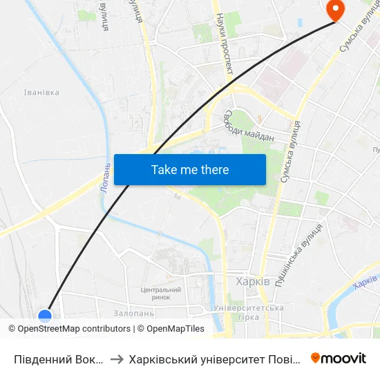 Південний Вокзал (Pivdennyi Vokzal) to Харківський університет Повітряних Сил імені Івана Кожедуба (ХУПС) map