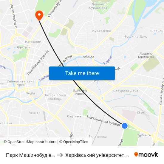 Парк Машинобудівників (Парк Машиностроителей) to Харківський університет Повітряних Сил імені Івана Кожедуба (ХУПС) map