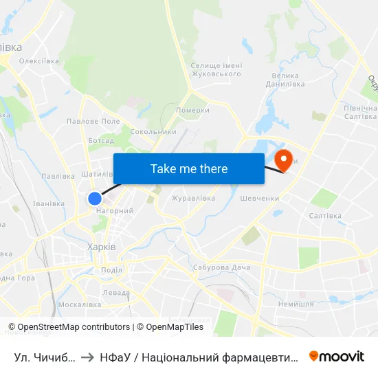 Ул. Чичибабина to НФаУ / Національний фармацевтичний університет map