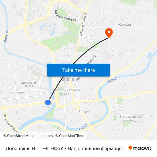 Лопанская Набережная to НФаУ / Національний фармацевтичний університет map