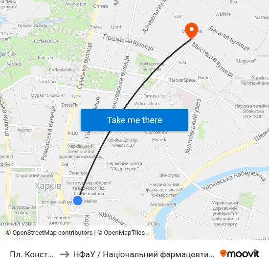 Пл. Конституции to НФаУ / Національний фармацевтичний університет map