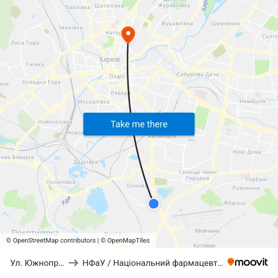 Ул. Южнопроектная to НФаУ / Національний фармацевтичний університет map