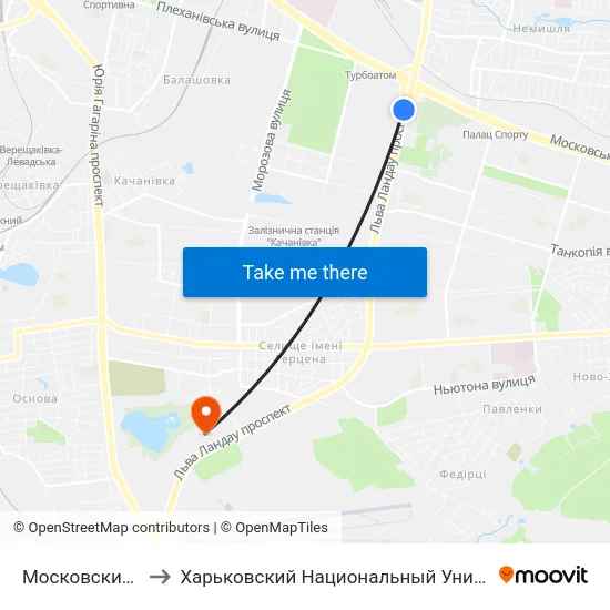 Московский Проспект to Харьковский Национальный Университет Внутренних Дел map