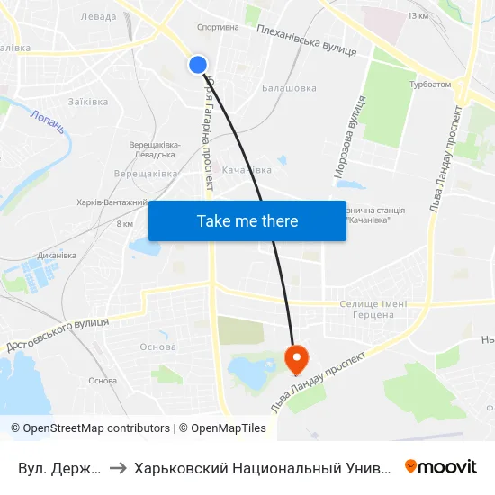 Вул. Державінська to Харьковский Национальный Университет Внутренних Дел map