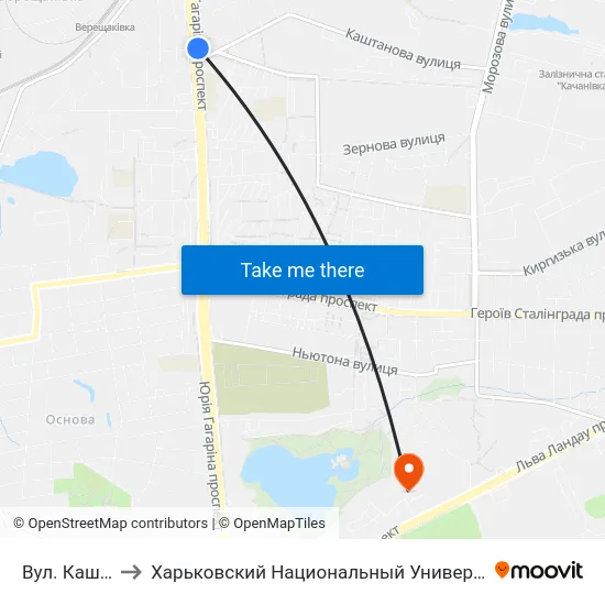Вул. Каштанова to Харьковский Национальный Университет Внутренних Дел map