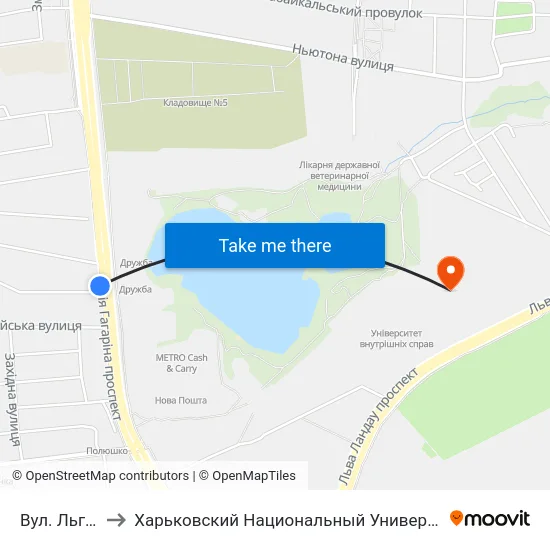 Вул. Льговська to Харьковский Национальный Университет Внутренних Дел map