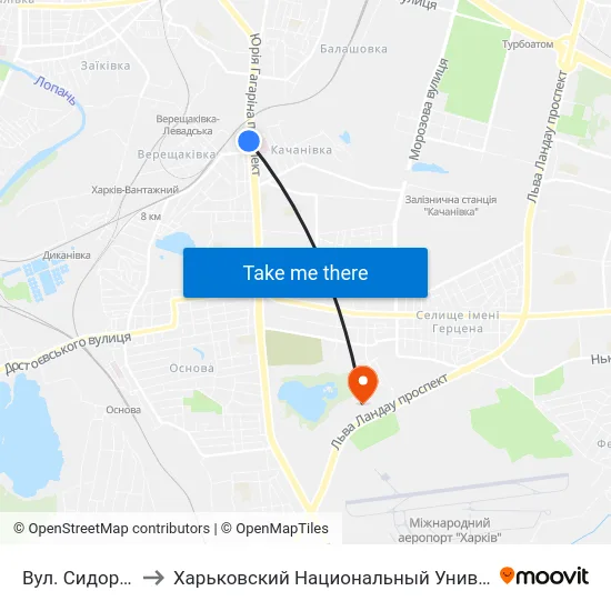 Вул. Сидоренкiвська to Харьковский Национальный Университет Внутренних Дел map