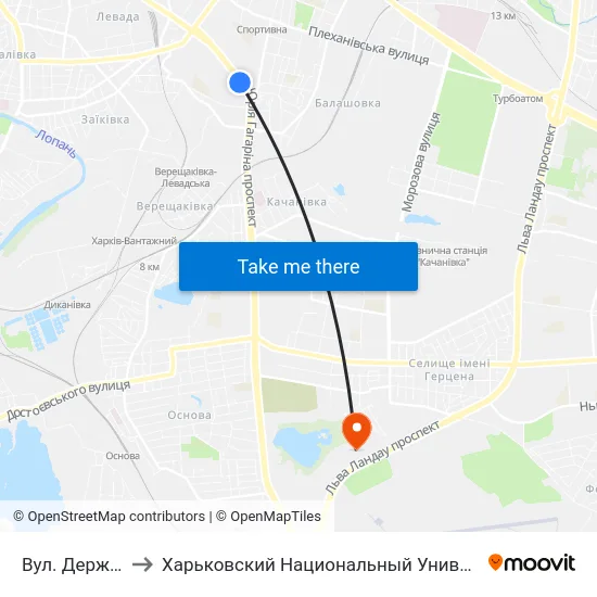Вул. Державінська to Харьковский Национальный Университет Внутренних Дел map