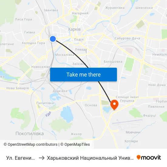 Ул. Евгения Котляра to Харьковский Национальный Университет Внутренних Дел map