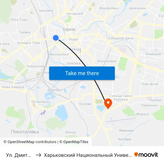 Ул. Дмитриевская to Харьковский Национальный Университет Внутренних Дел map