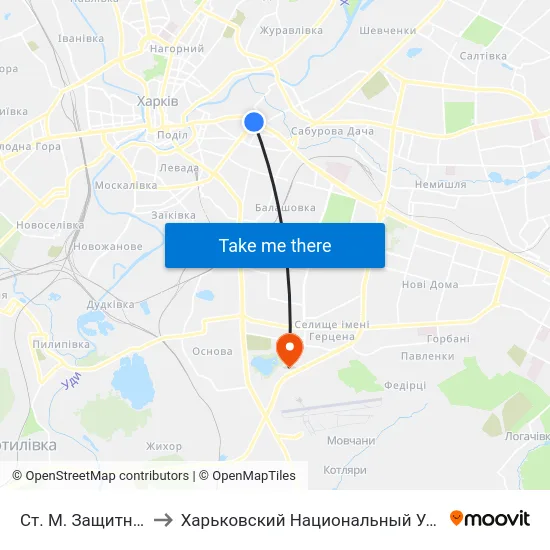 Ст. М. Защитников Украины to Харьковский Национальный Университет Внутренних Дел map