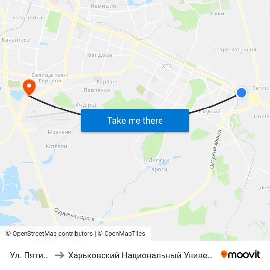 Ул. Пятихатская to Харьковский Национальный Университет Внутренних Дел map