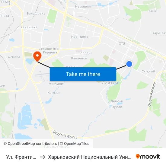 Ул. Франтишка Крала to Харьковский Национальный Университет Внутренних Дел map