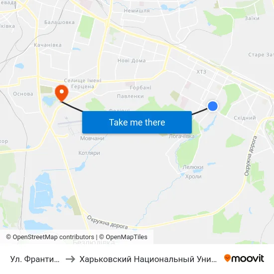 Ул. Франтишка Крала to Харьковский Национальный Университет Внутренних Дел map