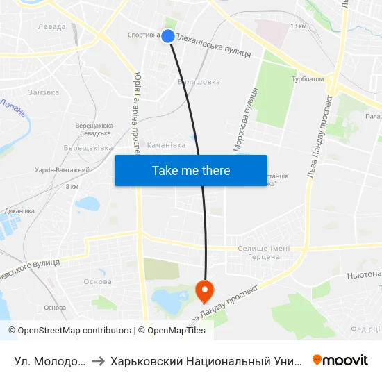 Ул. Молодой Гвардии to Харьковский Национальный Университет Внутренних Дел map