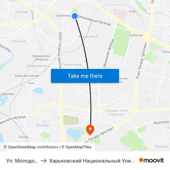 Ул. Молодой Гвардии to Харьковский Национальный Университет Внутренних Дел map