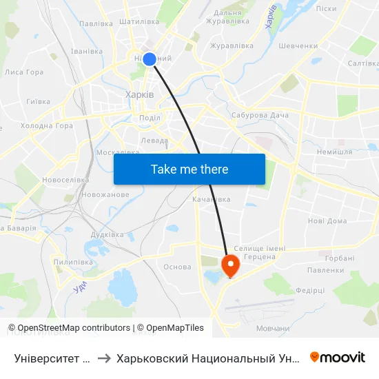 Університет (Universytet) to Харьковский Национальный Университет Внутренних Дел map