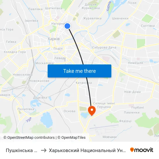 Пушкінська (Pushkinska) to Харьковский Национальный Университет Внутренних Дел map