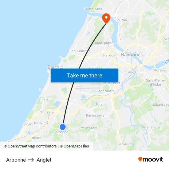 Arbonne to Anglet map