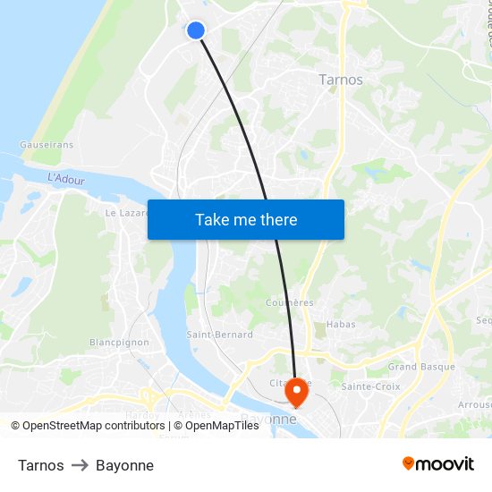 Tarnos to Bayonne map