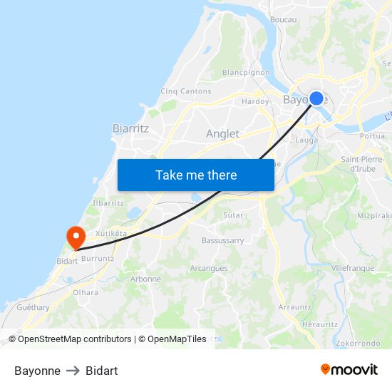 Bayonne to Bidart map