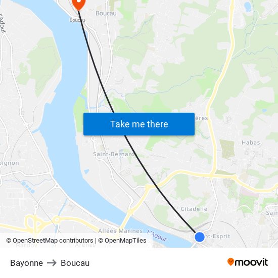 Bayonne to Boucau map
