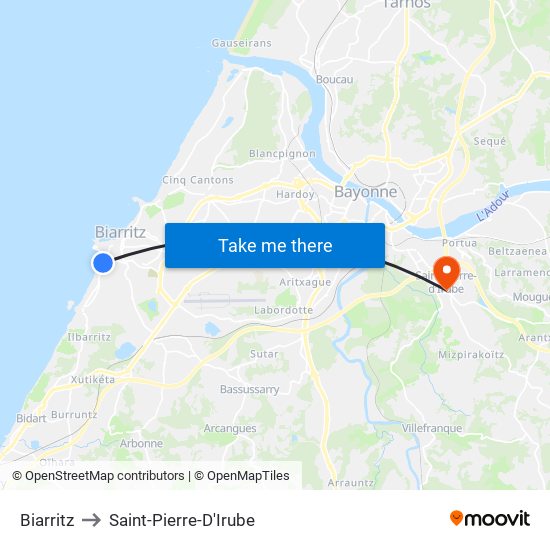 Biarritz to Saint-Pierre-D'Irube map