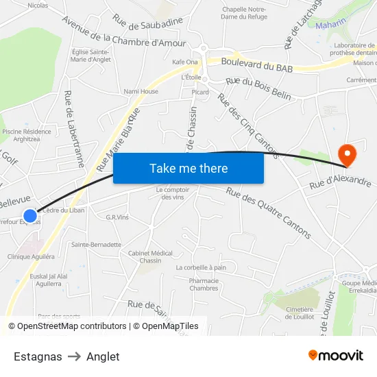 Estagnas to Anglet map