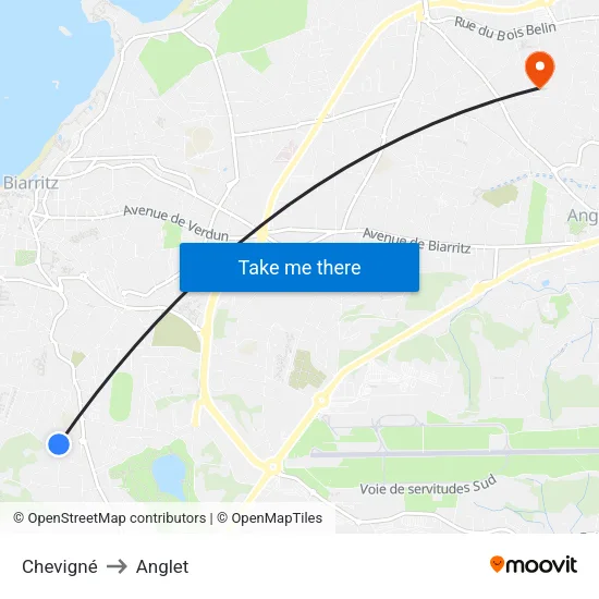 Chevigné to Anglet map