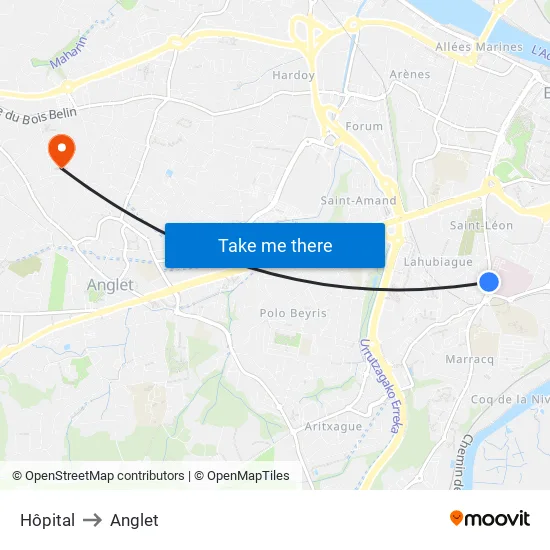 Hôpital to Anglet map