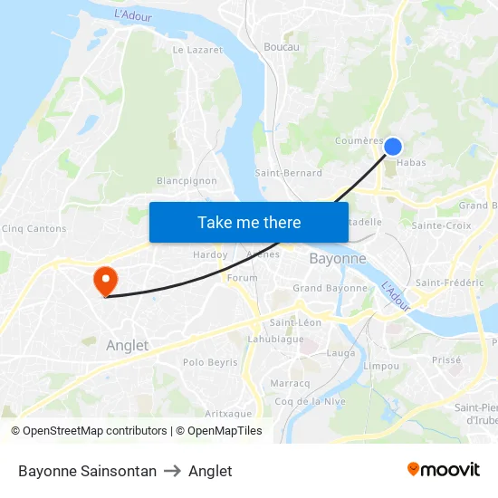 Bayonne Sainsontan to Anglet map