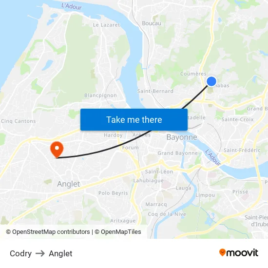 Codry to Anglet map