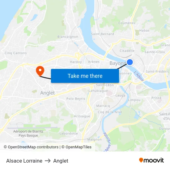 Alsace Lorraine to Anglet map