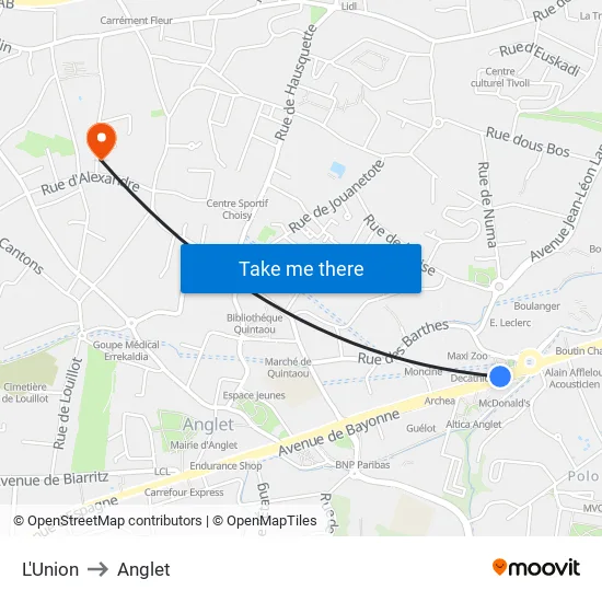 L'Union to Anglet map