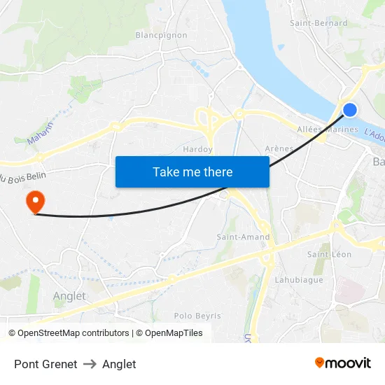 Pont Grenet to Anglet map