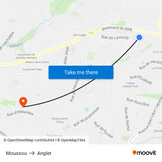 Moussou to Anglet map